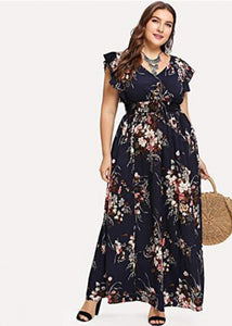 Women Black V Neck Print Patchwork Chiffon Long Dresses Short Sleeve