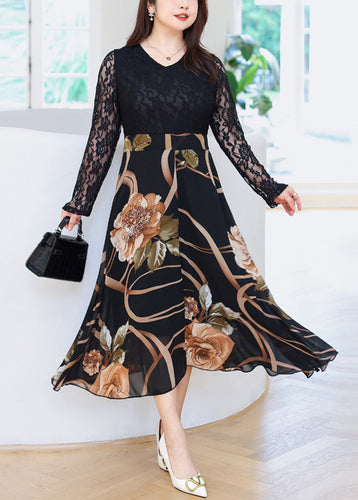 Women Black V Neck Print Patchwork Lace Long Dresses Fall