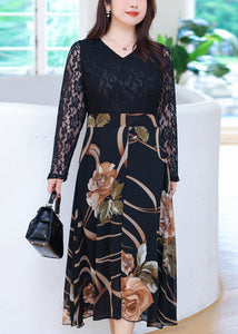 Women Black V Neck Print Patchwork Lace Long Dresses Fall