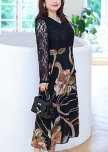 Load image into Gallery viewer, Women Black V Neck Print Patchwork Lace Long Dresses Fall