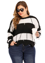 Load image into Gallery viewer, Women Black White Striped Backless Tassel Knit Pullover Long Sleeve