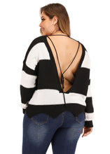 Load image into Gallery viewer, Women Black White Striped Backless Tassel Knit Pullover Long Sleeve