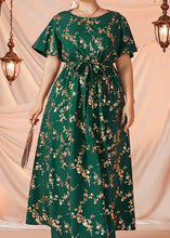 Load image into Gallery viewer, Women Blackish Green Print Tie Waist Patchwork Chiffon Long Dresses Summer