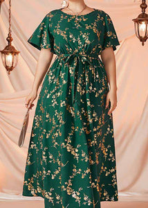 Women Blackish Green Print Tie Waist Patchwork Chiffon Long Dresses Summer