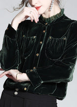 Load image into Gallery viewer, Women Blackish Green Stand Collar Button Silk Velour Shirt Long Sleeve
