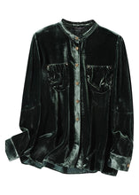 Load image into Gallery viewer, Women Blackish Green Stand Collar Button Silk Velour Shirt Long Sleeve