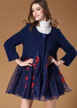 Load image into Gallery viewer, Women Blue Organza Patchwork Embroideried Wool Coats Winter