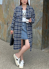 Load image into Gallery viewer, Women Blue Oversized Plaid Cotton Long Shirt Fall