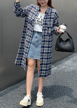 Load image into Gallery viewer, Women Blue Oversized Plaid Cotton Long Shirt Fall