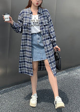 Load image into Gallery viewer, Women Blue Oversized Plaid Cotton Long Shirt Fall