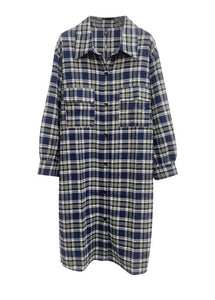 Women Blue Oversized Plaid Cotton Long Shirt Fall