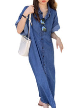 Load image into Gallery viewer, Women Blue Peter Pan Collar Patchwork Denim Shirts Dresses Summer