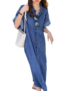 Women Blue Peter Pan Collar Patchwork Denim Shirts Dresses Summer