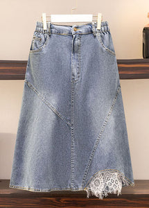 Women Blue Pockets Elastic Waist Patchwork Denim Skirt Summer