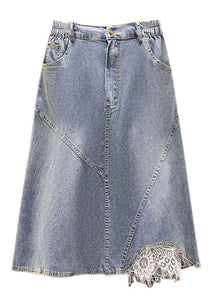 Women Blue Pockets Elastic Waist Patchwork Denim Skirt Summer