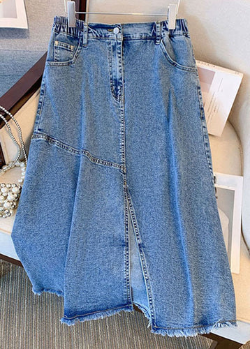 Women Blue Pockets Side Open Patchwork Denim Skirts Summer