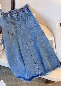 Women Blue Pockets Side Open Patchwork Denim Skirts Summer