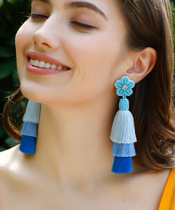 Women Blue Rice Ball Flower Knit Fabric Silk Cotton Tassel Drop Earrings