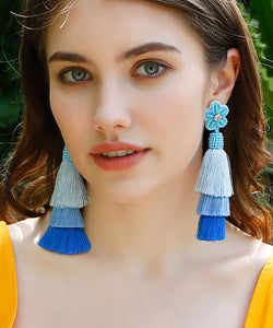 Women Blue Rice Ball Flower Knit Fabric Silk Cotton Tassel Drop Earrings