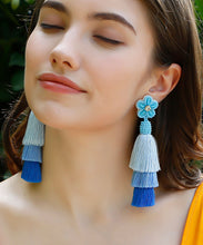 Load image into Gallery viewer, Women Blue Rice Ball Flower Knit Fabric Silk Cotton Tassel Drop Earrings