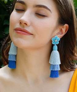 Women Blue Rice Ball Flower Knit Fabric Silk Cotton Tassel Drop Earrings