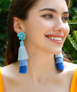 Women Blue Rice Ball Flower Knit Fabric Silk Cotton Tassel Drop Earrings