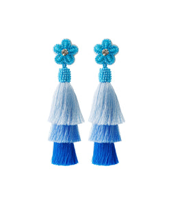 Women Blue Rice Ball Flower Knit Fabric Silk Cotton Tassel Drop Earrings