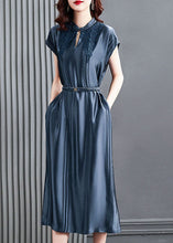 Load image into Gallery viewer, Women Blue Stand Collar Cinched Silk Long Dresses Summer