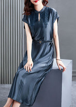 Load image into Gallery viewer, Women Blue Stand Collar Cinched Silk Long Dresses Summer