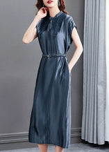 Load image into Gallery viewer, Women Blue Stand Collar Cinched Silk Long Dresses Summer