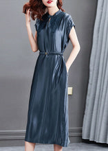 Load image into Gallery viewer, Women Blue Stand Collar Cinched Silk Long Dresses Summer