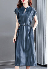 Load image into Gallery viewer, Women Blue Stand Collar Cinched Silk Long Dresses Summer