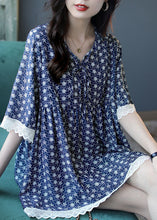 Load image into Gallery viewer, Women Blue V Neck Lace Patchwork Print Chiffon Top Half Sleeve