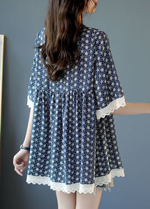 Women Blue V Neck Lace Patchwork Print Chiffon Top Half Sleeve