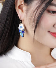 Load image into Gallery viewer, Women Blue White Copper Shell Flower Chalcedony Cloisonne Drop Earrings