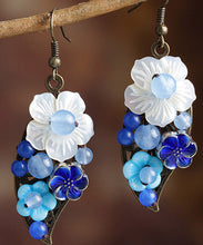 Load image into Gallery viewer, Women Blue White Copper Shell Flower Chalcedony Cloisonne Drop Earrings