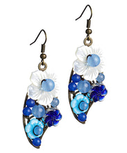 Load image into Gallery viewer, Women Blue White Copper Shell Flower Chalcedony Cloisonne Drop Earrings