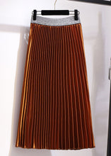 Load image into Gallery viewer, Women Brown Elastic Waist Patchwork Velour Pleated Skirt Fall