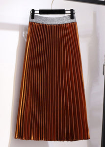 Women Brown Elastic Waist Patchwork Velour Pleated Skirt Fall