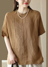 Load image into Gallery viewer, Women Brown O Neck Patchwork Linen T Shirt Top Summer