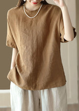 Load image into Gallery viewer, Women Brown O Neck Patchwork Linen T Shirt Top Summer