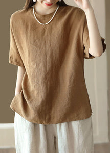 Women Brown O Neck Patchwork Linen T Shirt Top Summer