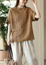 Load image into Gallery viewer, Women Brown O Neck Patchwork Linen T Shirt Top Summer