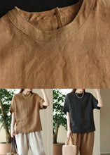 Load image into Gallery viewer, Women Brown O Neck Patchwork Linen T Shirt Top Summer