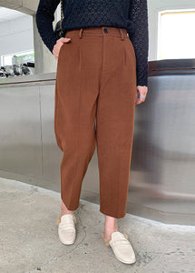 Women Caramel Slim Fit Pockets Woolen Pants Fall