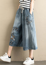 Load image into Gallery viewer, Women Denim Blue Embroideried Tie Waist Wide Leg Pants Summer