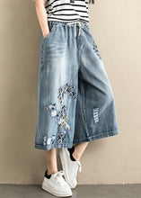 Load image into Gallery viewer, Women Denim Blue Embroideried Tie Waist Wide Leg Pants Summer