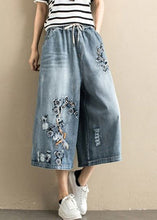 Load image into Gallery viewer, Women Denim Blue Embroideried Tie Waist Wide Leg Pants Summer