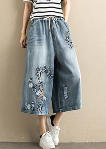 Women Denim Blue Embroideried Tie Waist Wide Leg Pants Summer