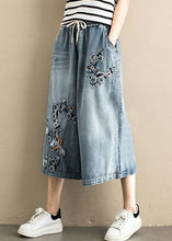 Load image into Gallery viewer, Women Denim Blue Embroideried Tie Waist Wide Leg Pants Summer